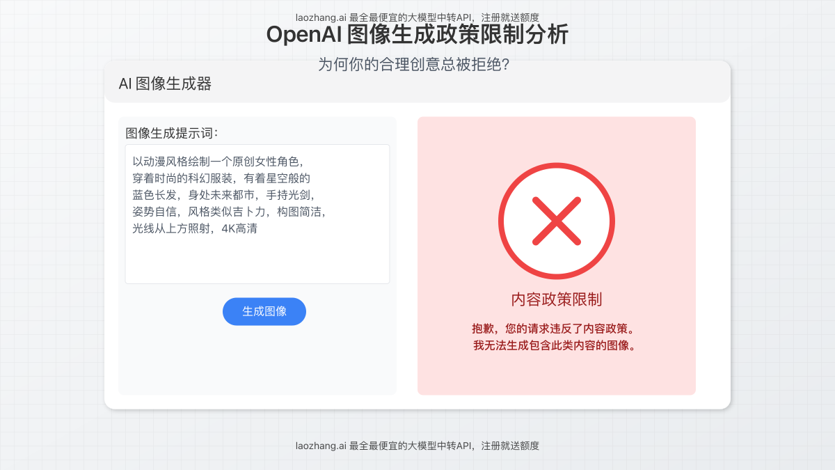 OpenAI图像生成政策限制示意图,展示用户提交正常请求却被系统拒绝的情景