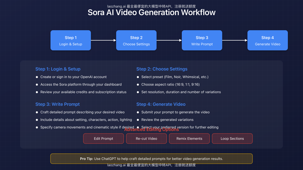 Workflow diagram showing the steps to create videos with Sora