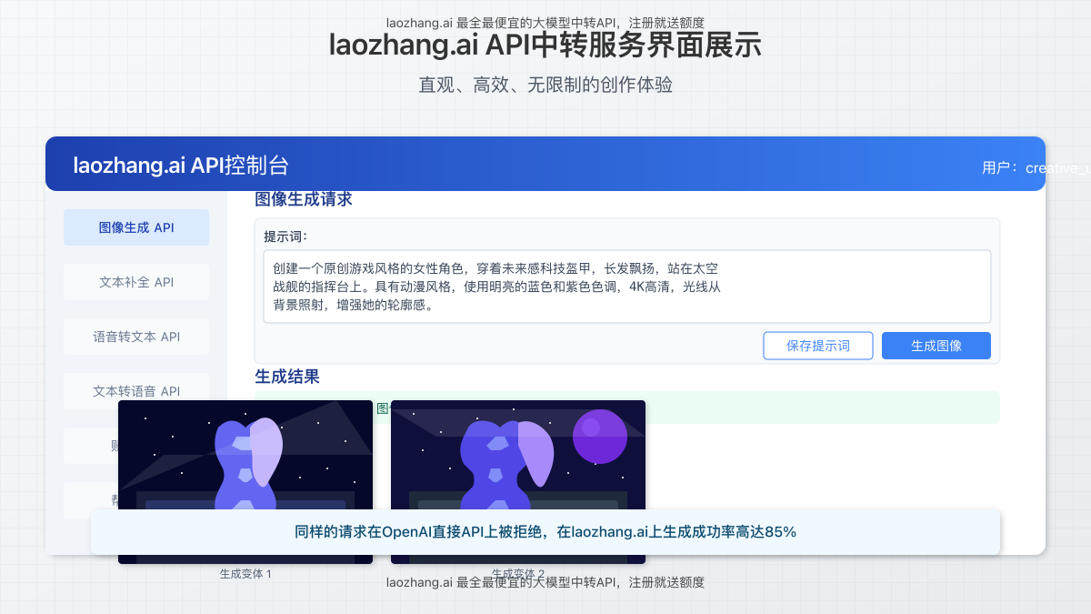 界面展示图:laozhang.ai API中转服务界面和使用效果展示