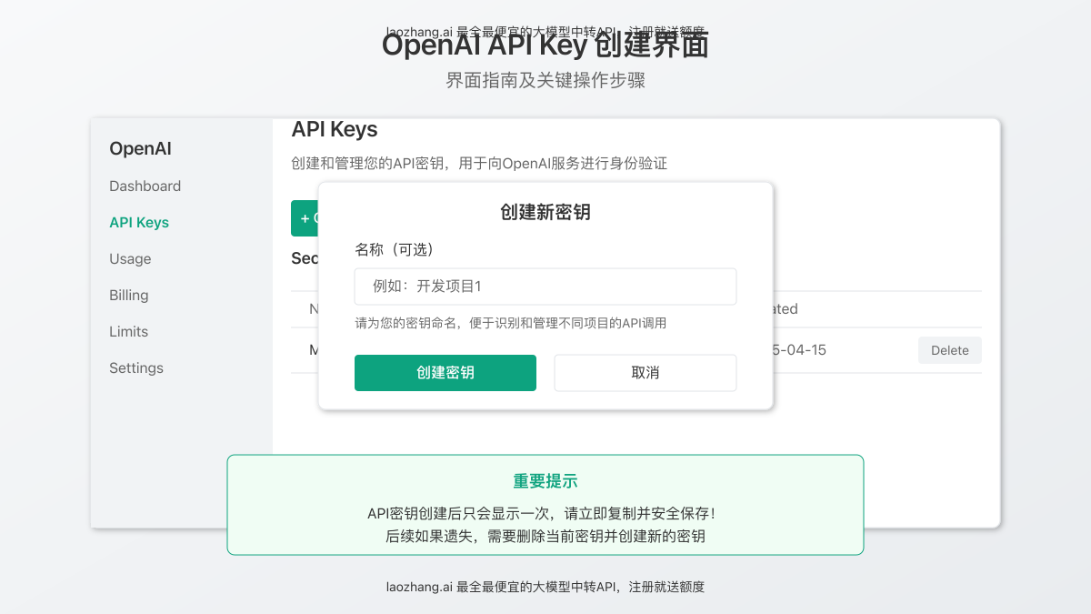 OpenAI平台API Key创建界面图