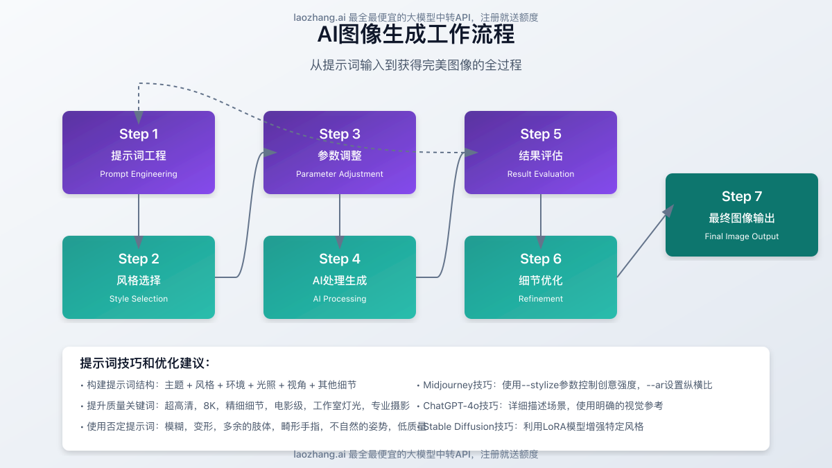 AI图像生成器的使用流程图,展示从提示词输入到获得最终图像的全过程和优化技巧