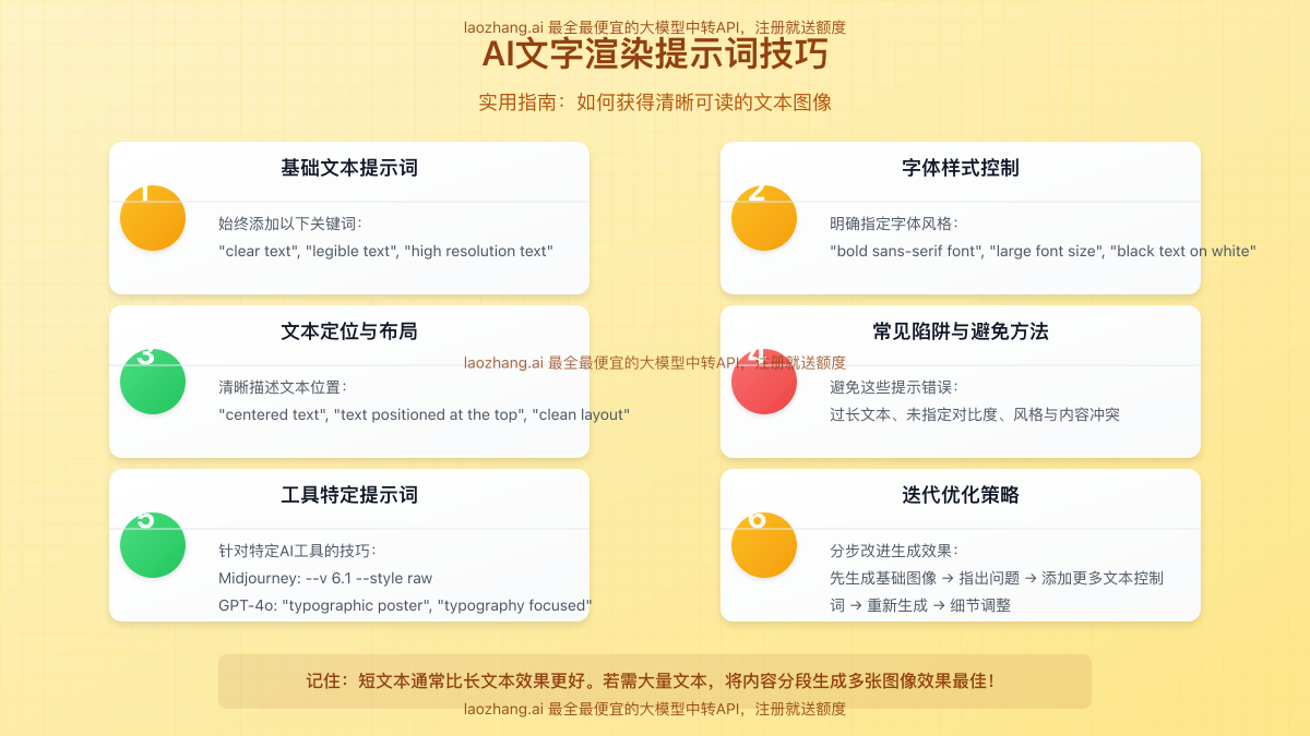 AI文字渲染提示词技巧图表,展示优化AI生成文本图像的六大关键技巧