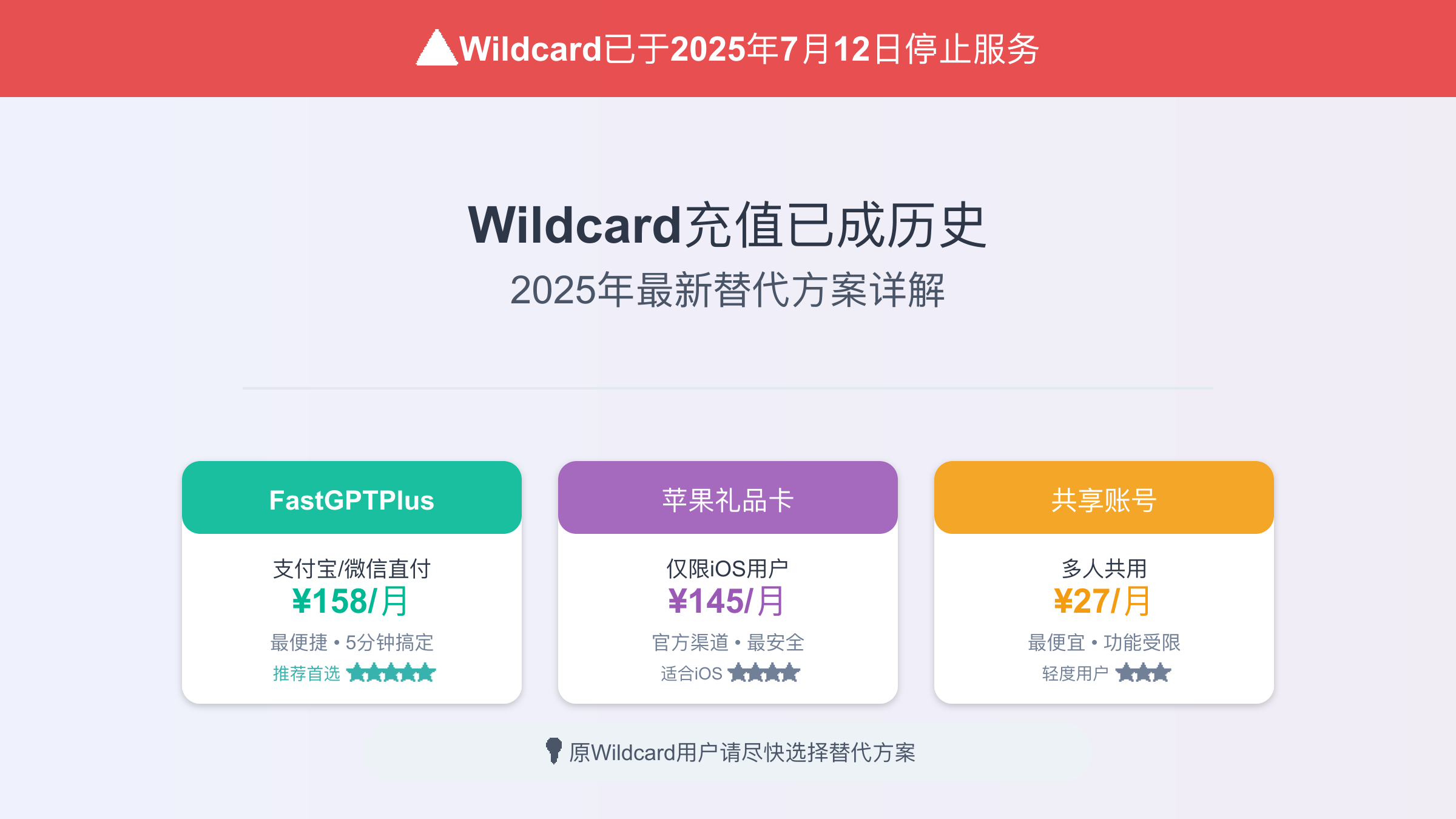 Wildcard停服通知与ChatGPT Plus充值替代方案