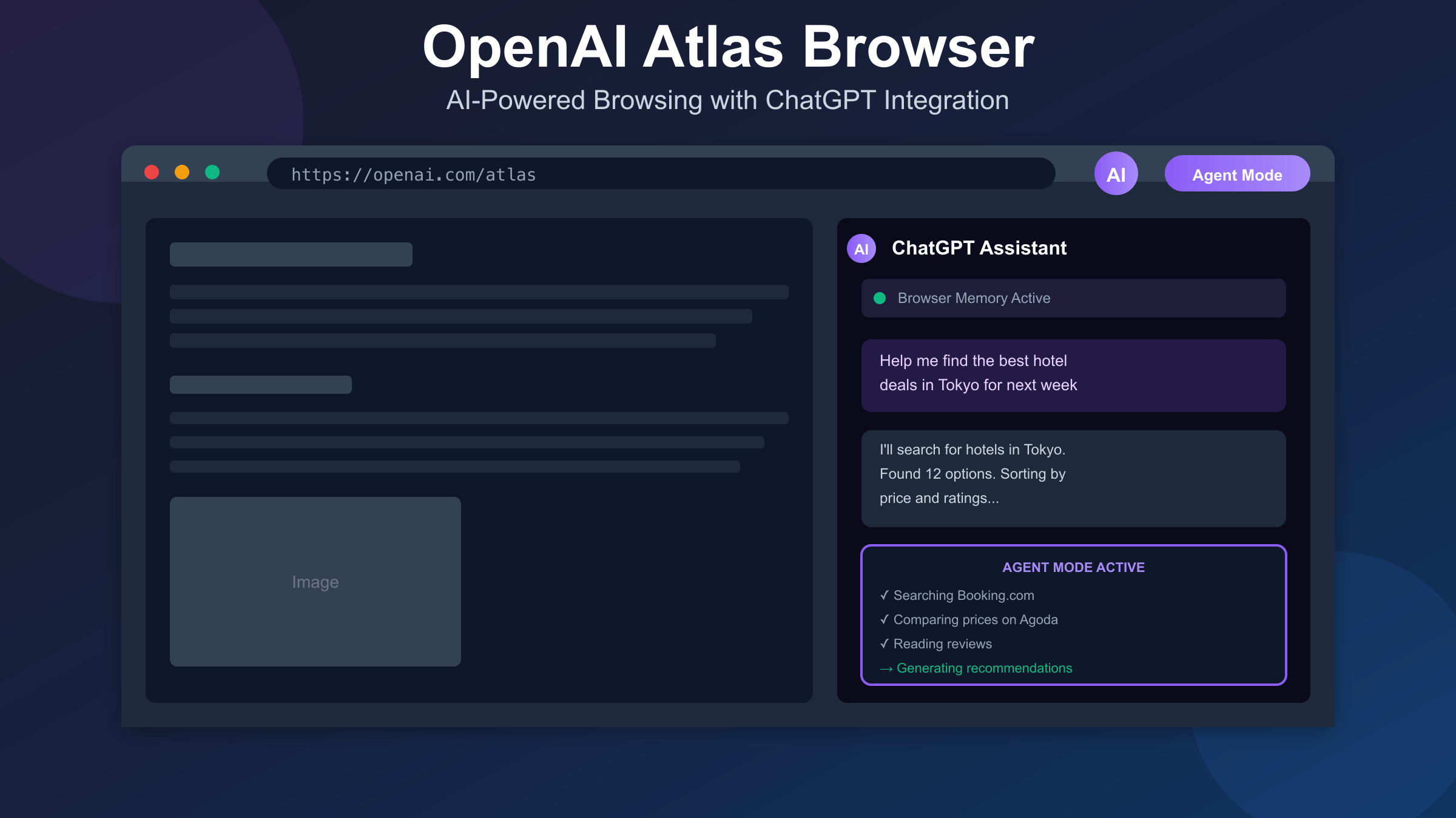 OpenAI Atlas浏览器界面展示-ChatGPT侧边栏和Agent Mode